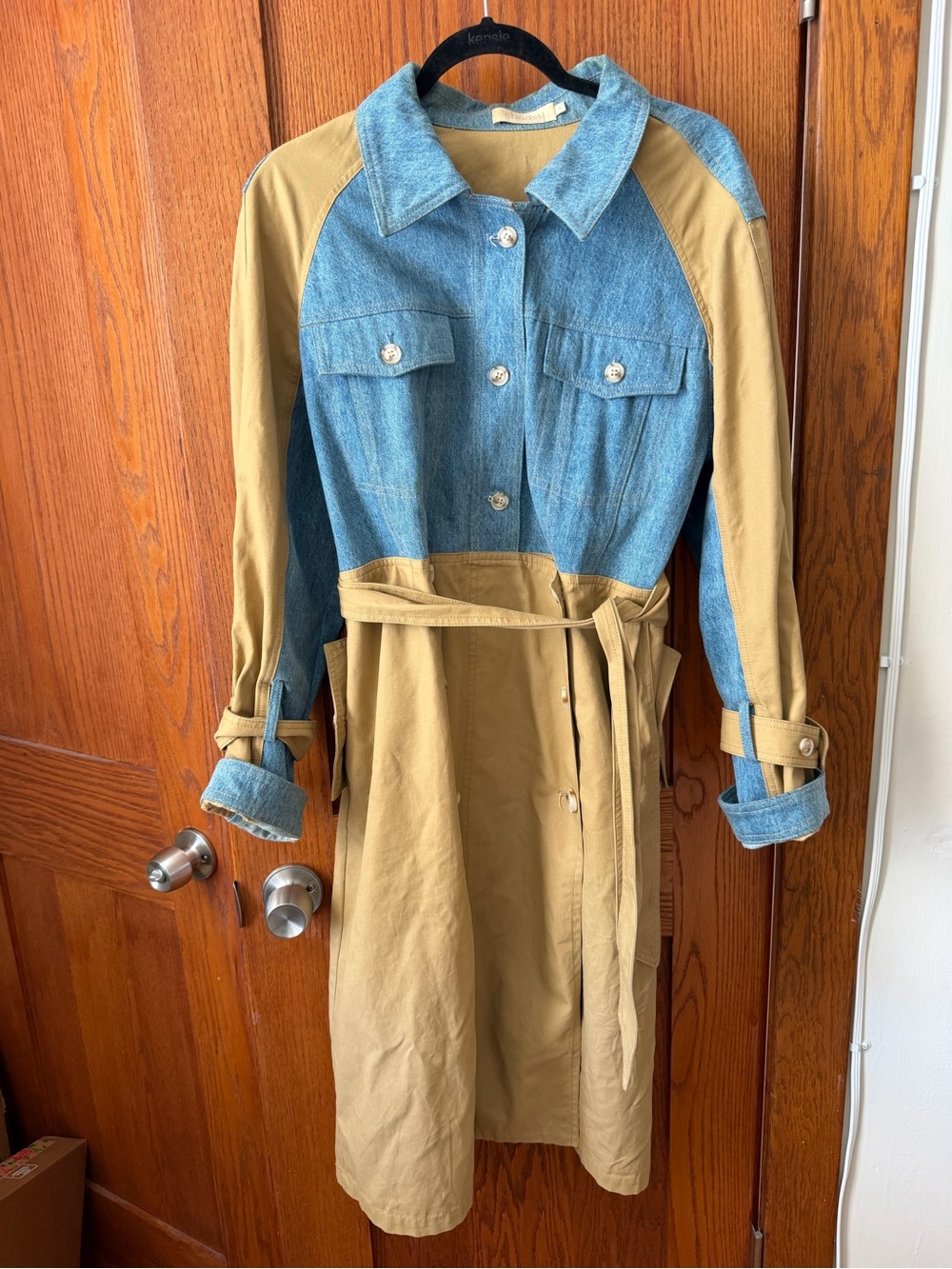 Kensie Two-Tone Denim and Tan Trench Coat with Belt